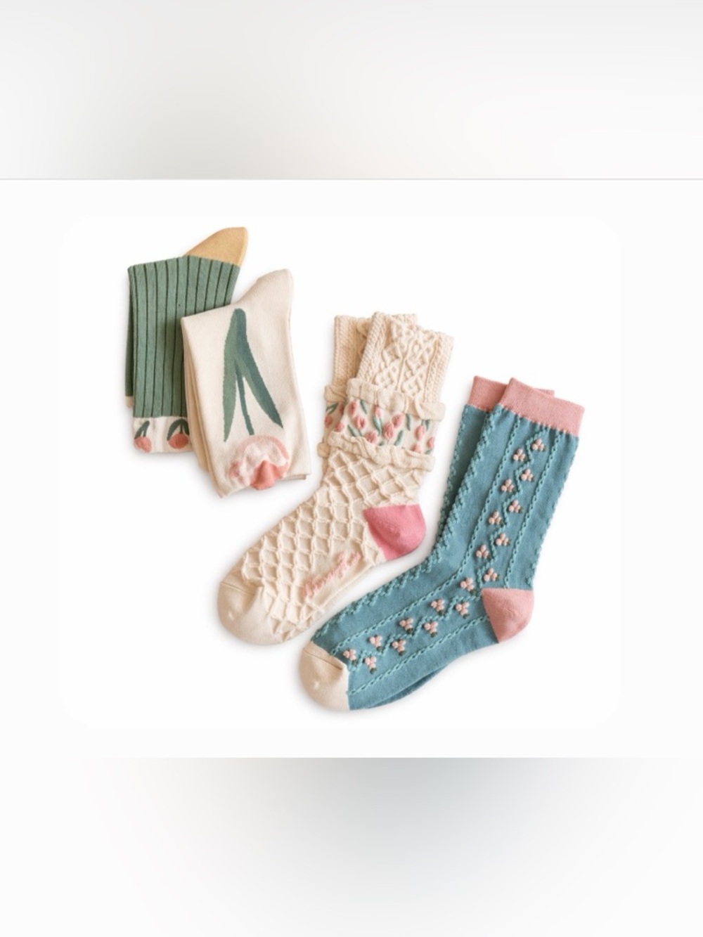 Woman’s OS Floral Pattern Knit Crew Socks - Pink, Cream, Blue - 4 pairs